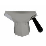 A shiny stainless steel dustpan with an angled black plastic handle attached to one side. The dustpan has a wide, flat mouth for collecting debris and a pointed front edge. The background is plain white. Dishwasher safe for easy cleaning.