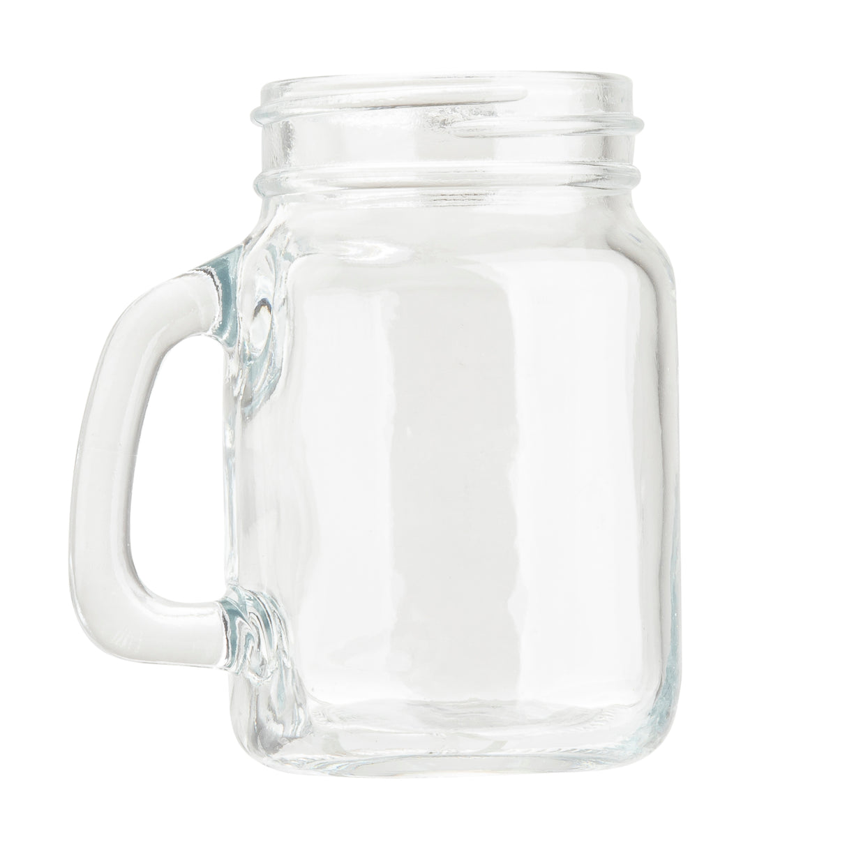 A clear, empty glass mason jar with a sturdy handle on the left side, set against a plain white background. This Mason jar features a threaded rim for a screw-on lid and is dishwasher safe for easy cleaning.