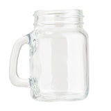 A clear, empty glass mason jar with a sturdy handle on the left side, set against a plain white background. This Mason jar features a threaded rim for a screw-on lid and is dishwasher safe for easy cleaning.