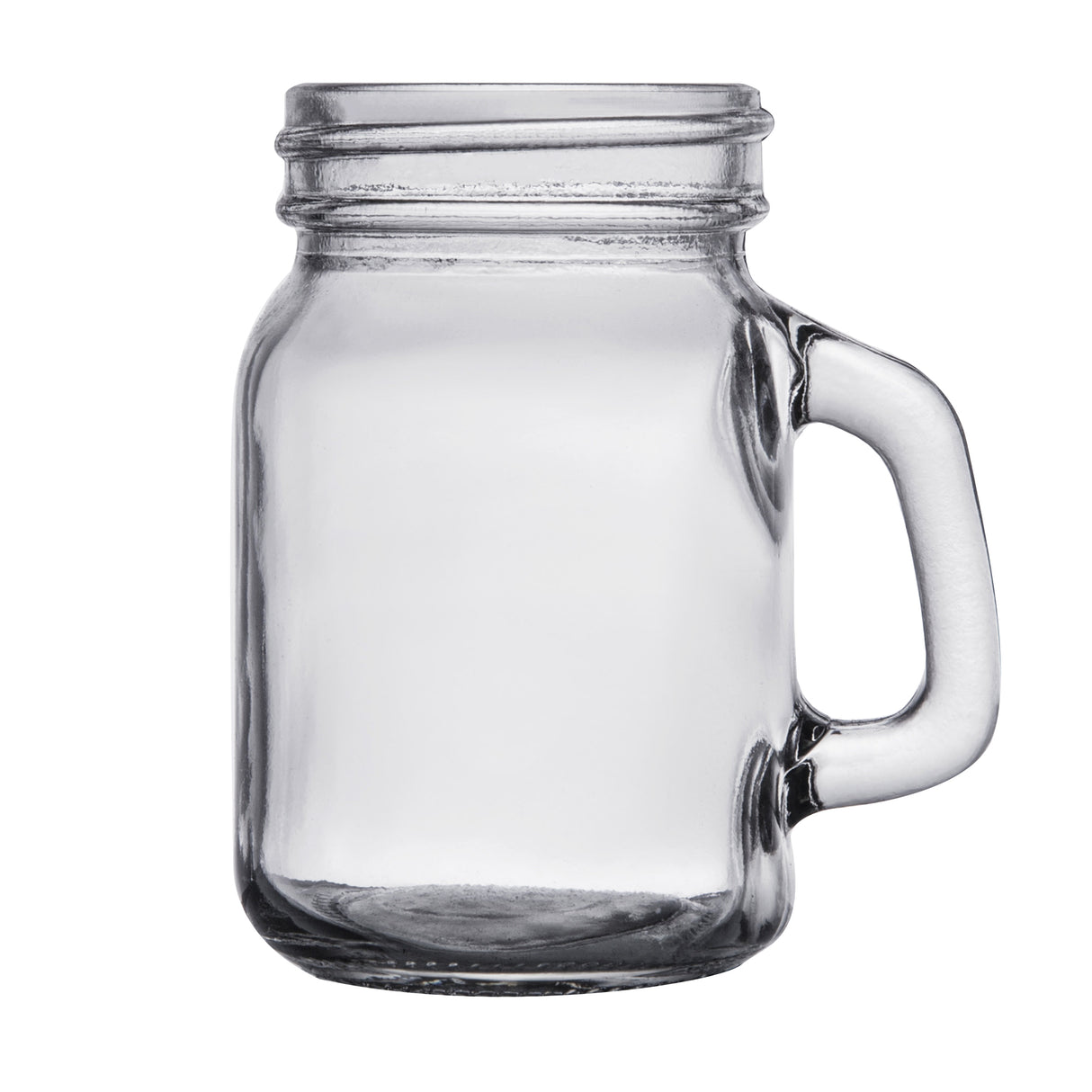 A clear, empty glass mason jar with a sturdy handle on the right side, shown against a plain white background. The jar is upright with visible threading for a lid, highlighting its durable glass construction and dishwasher safe design.