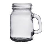 A clear, empty glass mason jar with a sturdy handle on the right side, shown against a plain white background. The jar is upright with visible threading for a lid, highlighting its durable glass construction and dishwasher safe design.