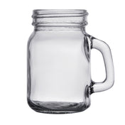 A clear, empty glass mason jar with a sturdy handle on the right side, shown against a plain white background. The jar is upright with visible threading for a lid, highlighting its durable glass construction and dishwasher safe design.