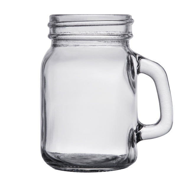 A clear, empty glass mason jar with a sturdy handle on the right side, shown against a plain white background. The jar is upright with visible threading for a lid, highlighting its durable glass construction and dishwasher safe design.