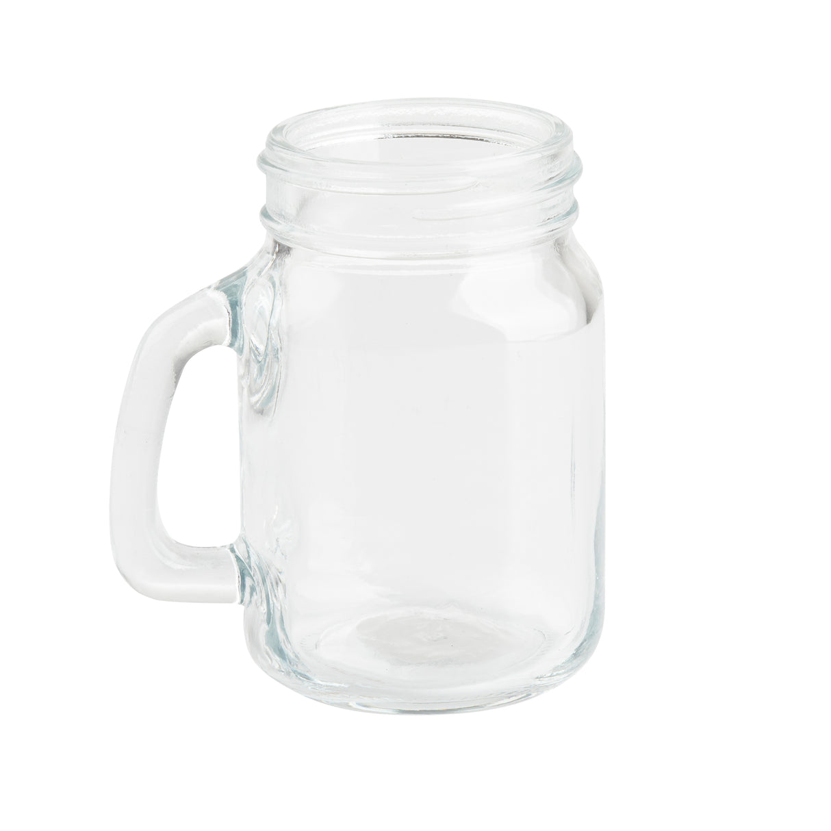 A clear, empty glass mason jar with a handle on the left side is shown against a plain white background. The wide mouth and smooth surface make it easy to use and clean, and this mason jar is also dishwasher safe for added convenience.