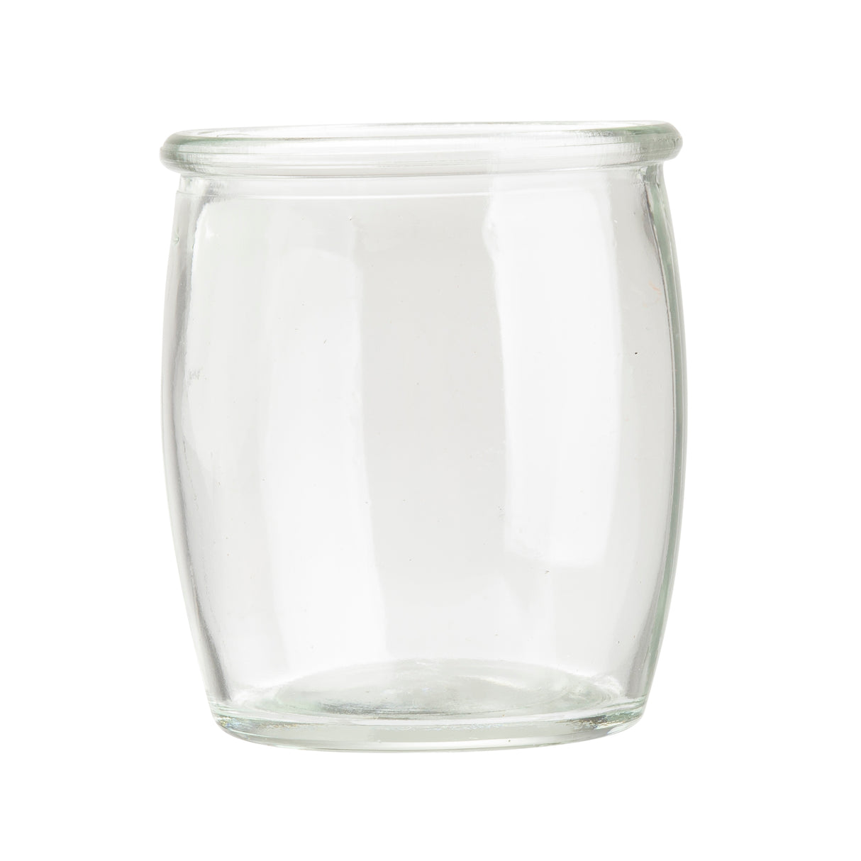 A clear, empty 4 oz glass jar with a wide mouth and rounded body, resting on a white background. Featuring a slight lip at the rim and smooth, transparent sides, this piece echoes vintage style glasses from TableCraft Products.