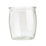 A clear, empty 4 oz glass jar with a wide mouth and rounded body, resting on a white background. Featuring a slight lip at the rim and smooth, transparent sides, this piece echoes vintage style glasses from TableCraft Products.