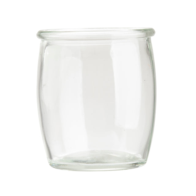 A clear, empty 4 oz glass jar with a wide mouth and rounded body, resting on a white background. Featuring a slight lip at the rim and smooth, transparent sides, this piece echoes vintage style glasses from TableCraft Products.
