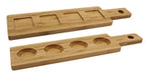 Two rectangular TableCraft FLIGHT1 bamboo flight boards with handles and end holes. One board has four square indentations, the other four circular, perfect as a wood paddle flight for serving cups, bowls, or snacks. Smooth with visible bamboo grain.