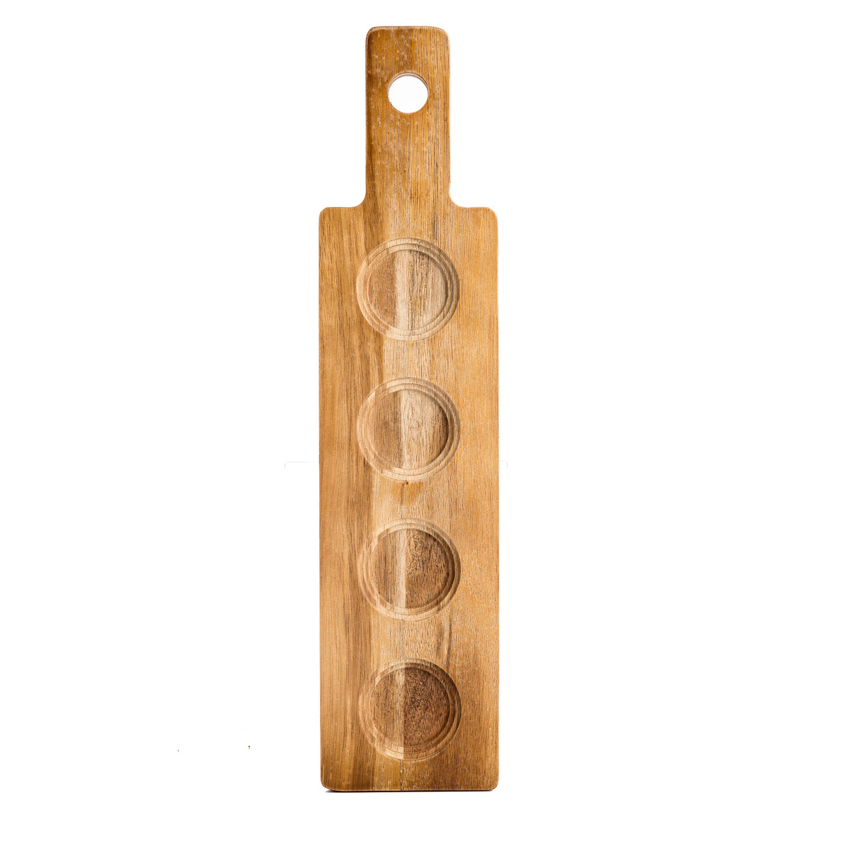 A long, rectangular acacia wood paddle flight with a handle and hanging hole. Four round, shallow indentations are arranged vertically for holding small bowls or condiments. The rich wood grain is visible. Perfect for cash & carry shoppers.