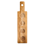A long, rectangular acacia wood paddle flight with a handle and hanging hole. Four round, shallow indentations are arranged vertically for holding small bowls or condiments. The rich wood grain is visible. Perfect for cash & carry shoppers.