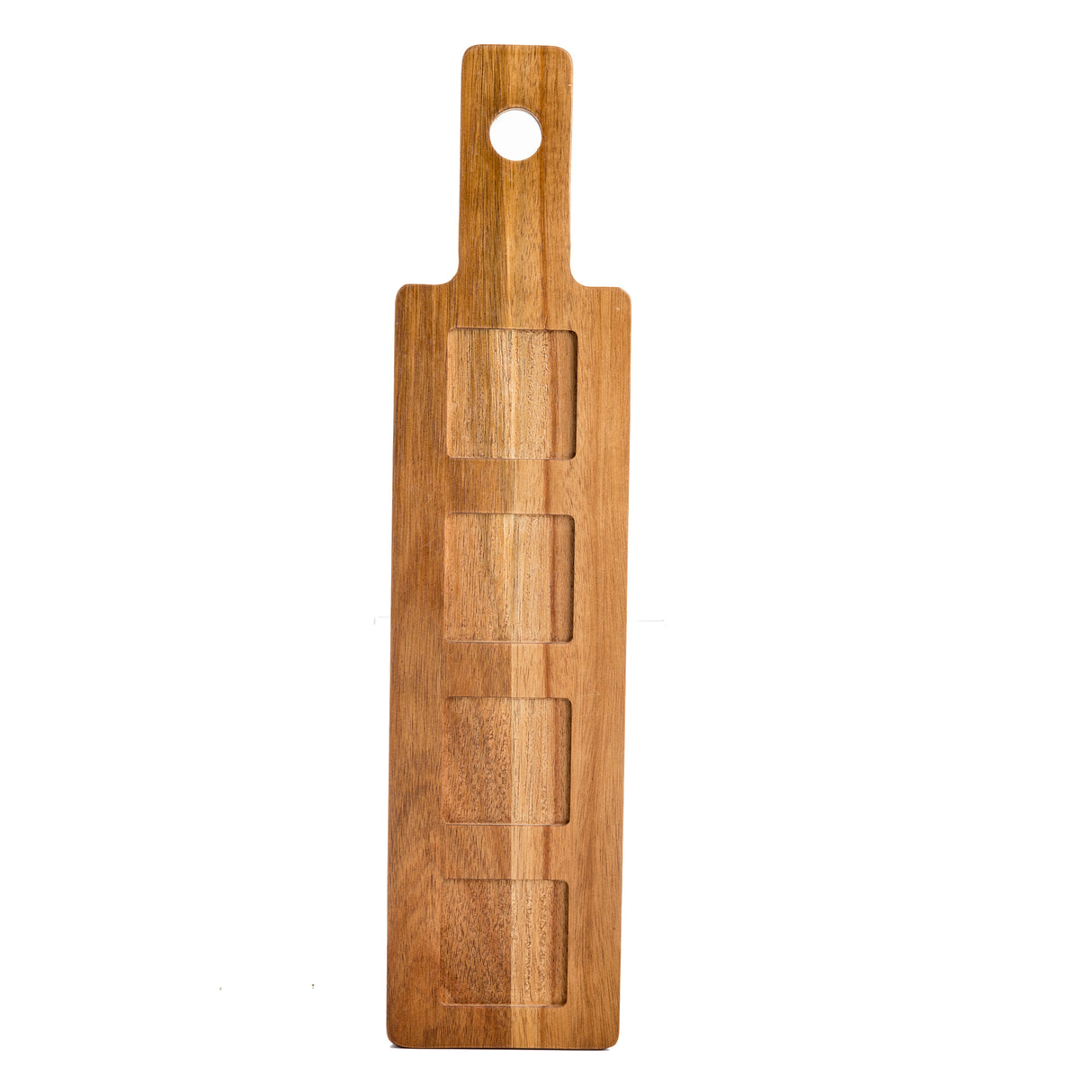 A rectangular acacia wood paddle flight serving board with a handle featuring a round hole. The main section has five evenly spaced, square-shaped indentations for condiments. Smooth, polished finish. Ideal for cash & carry retailers.