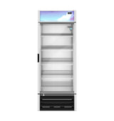 A front-facing view of a Hoshizaki Glass Door Freezer with a silver frame, black handle on the left, five empty wire shelves, a vent at the bottom, and a blue-lit display panel at the top. The freezer merchandiser is not stocked.