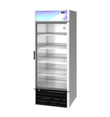 A tall, upright Hoshizaki Glass Door Freezer with a silver frame and four empty wire shelves. The top panel features a blue and white lighted display, while a digital temperature readout is visible in the top right corner.