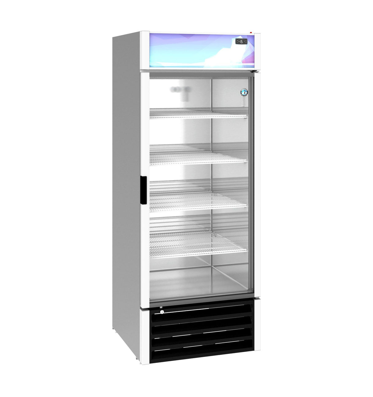 A tall, upright Hoshizaki freezer merchandiser with a clear glass door, four adjustable wire shelves, a white exterior, and a black vent at the bottom. The top panel features a blue and white gradient design with a small digital temperature display.