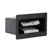 A black rectangular Dispense-Rite napkin dispenser with a textured front panel, built-in open slot, and two shelves holding stacks of folded napkins; the dispenser is shown on a white background.