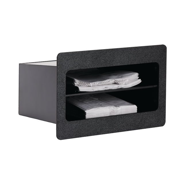 A black rectangular Dispense-Rite napkin dispenser with a textured front panel, built-in open slot, and two shelves holding stacks of folded napkins; the dispenser is shown on a white background.