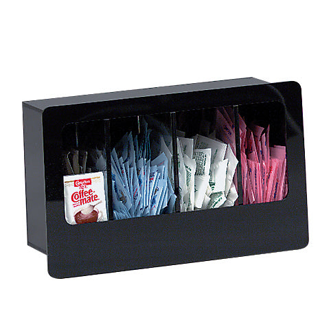 A black plastic Dispense-Rite condiment dispenser holds three sections of sweetener packets—white, blue, and pink—with a single Coffee-mate creamer cup in the front left. The built-in clear window on the front displays the contents.
