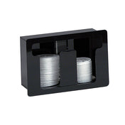 This built-in Lid Dispenser features a sleek black plastic design that holds two stacks of white disposable lids. With a rectangular front opening for easy access, it keeps your countertop organized against a plain white background.