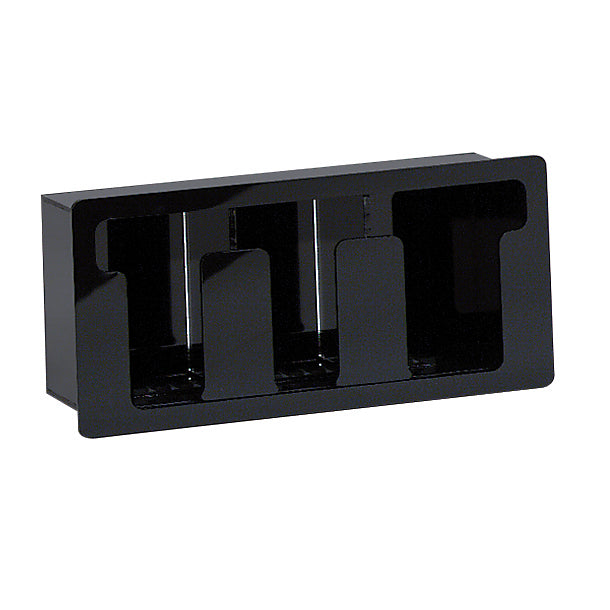 A black, rectangular plastic organizer with a built-in 3 section design features three vertical slots separated by dividers for holding cups, lids, or similar items. The front edges are slightly rounded for a smooth finish against the plain white background.
