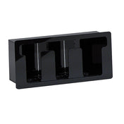 A black, rectangular plastic organizer with a built-in 3 section design features three vertical slots separated by dividers for holding cups, lids, or similar items. The front edges are slightly rounded for a smooth finish against the plain white background.