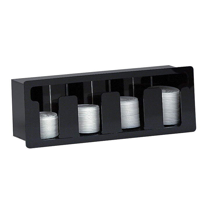 A black plastic coin sorter with a built-in 4 section design holds four stacks of coins, each separated by vertical dividers. The stacks are evenly spaced and neatly organized, with each slot containing a different amount of coins. Plain white background.