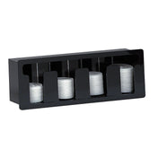 A black plastic coin sorter with a built-in 4 section design holds four stacks of coins, each separated by vertical dividers. The stacks are evenly spaced and neatly organized, with each slot containing a different amount of coins. Plain white background.