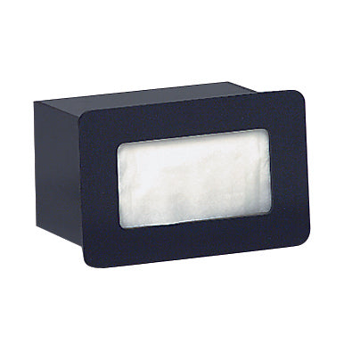 A rectangular black acrylic napkin dispenser with a front slot showing white tissues inside. The smooth, matte-finished dispenser features a simple, modern design and sits on a plain white background.