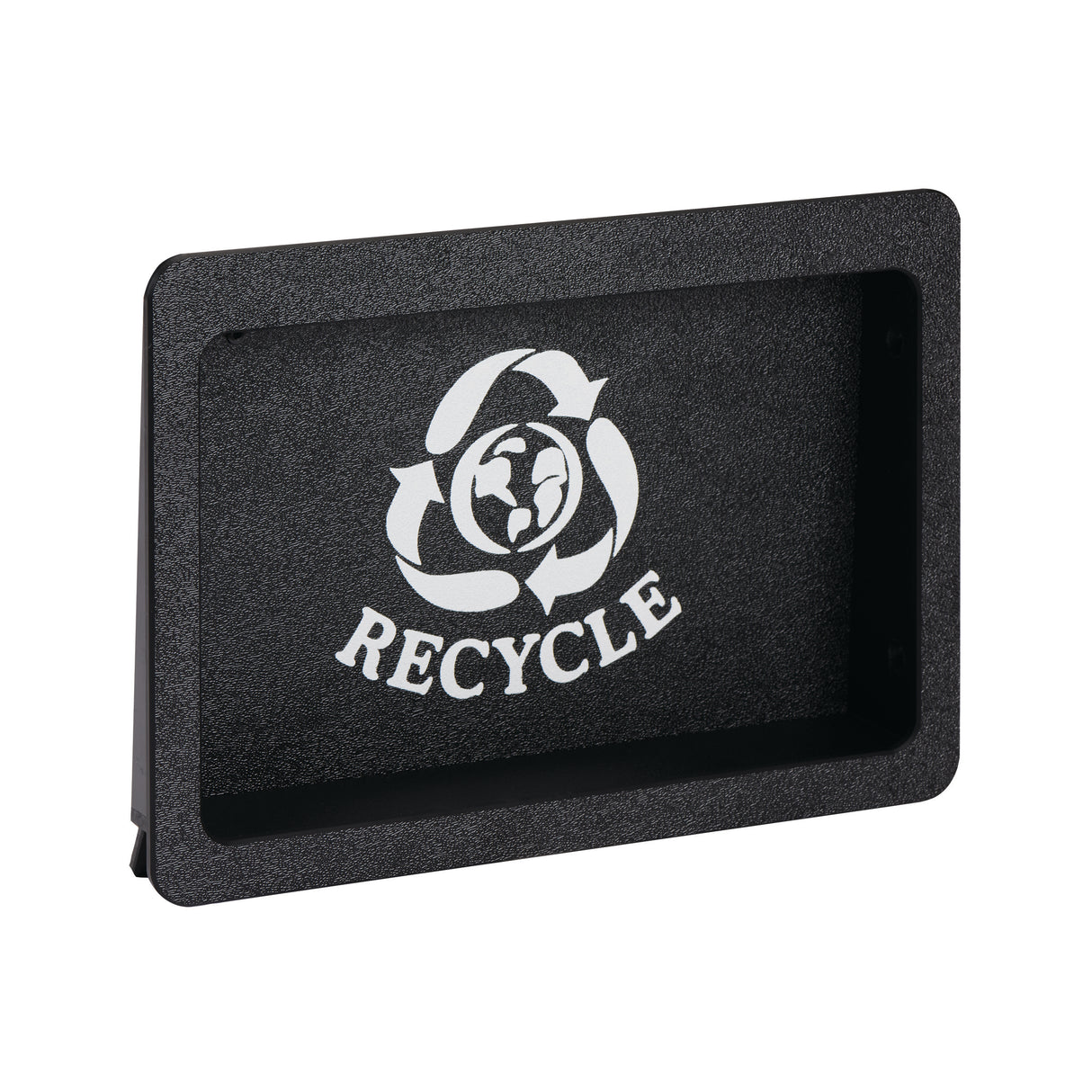 A rectangular black recycling bin lid with a built-in large opening. The white recycling symbol with three arrows and a globe in the center appears above the word RECYCLE on the front. The textured lid is photographed on a white background.