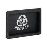 A rectangular black recycling bin lid with a built-in large opening. The white recycling symbol with three arrows and a globe in the center appears above the word RECYCLE on the front. The textured lid is photographed on a white background.