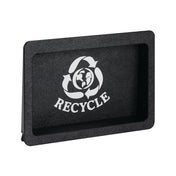 A rectangular black recycling bin lid with a built-in large opening. The white recycling symbol with three arrows and a globe in the center appears above the word RECYCLE on the front. The textured lid is photographed on a white background.