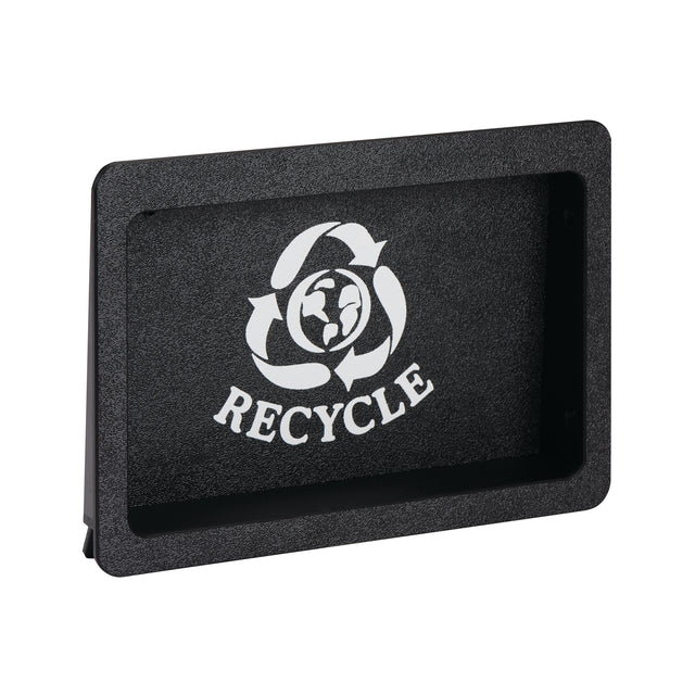 A rectangular black recycling bin lid with a built-in large opening. The white recycling symbol with three arrows and a globe in the center appears above the word RECYCLE on the front. The textured lid is photographed on a white background.