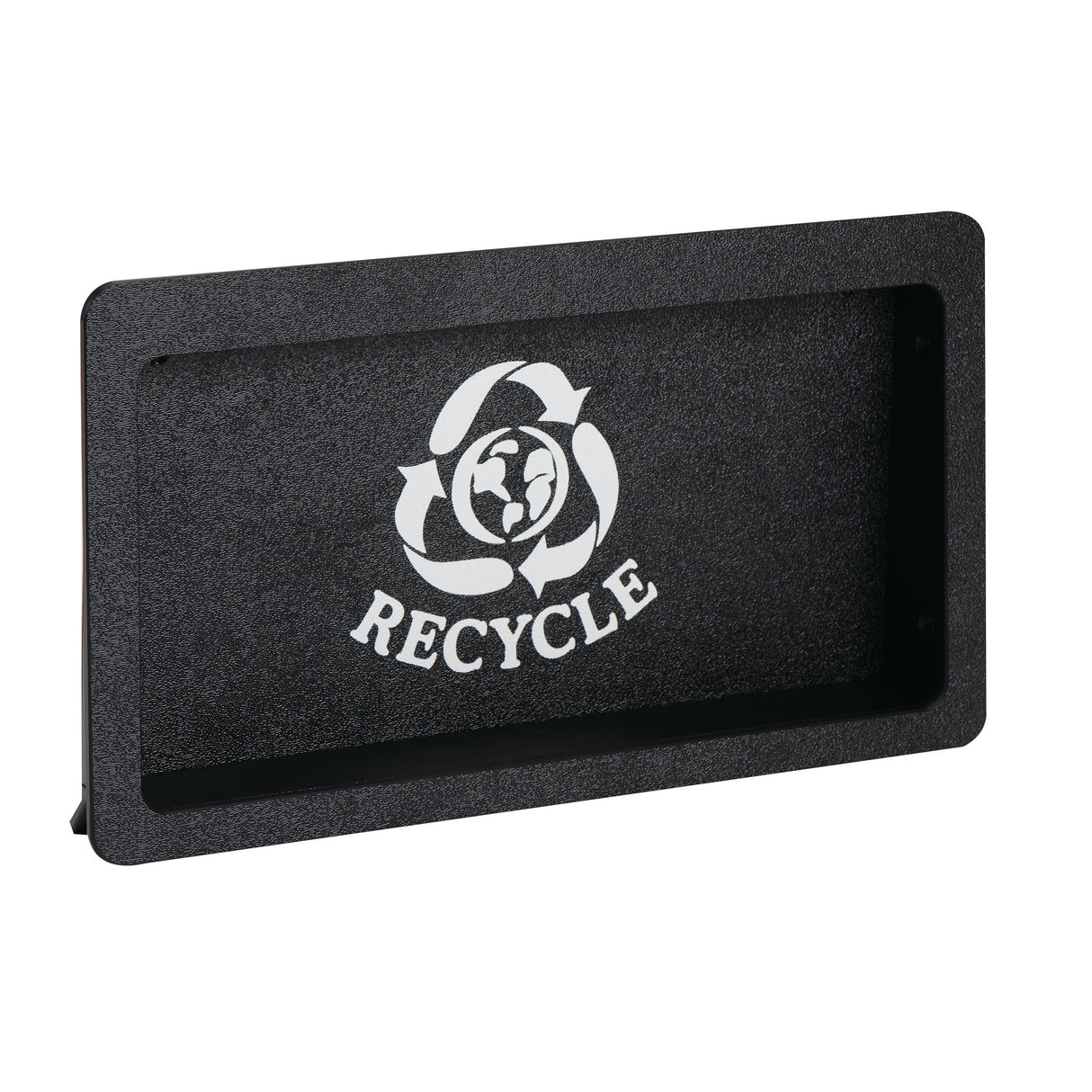 A black rectangular recycling bin lid features a built-in slot opening and a white recycling symbol above the word RECYCLE. The symbol consists of three arrows forming a circle around a globe. The textured lid is pictured against a white background.
