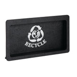 A black rectangular recycling bin lid features a built-in slot opening and a white recycling symbol above the word RECYCLE. The symbol consists of three arrows forming a circle around a globe. The textured lid is pictured against a white background.