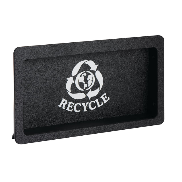 A black rectangular recycling bin lid features a built-in slot opening and a white recycling symbol above the word RECYCLE. The symbol consists of three arrows forming a circle around a globe. The textured lid is pictured against a white background.