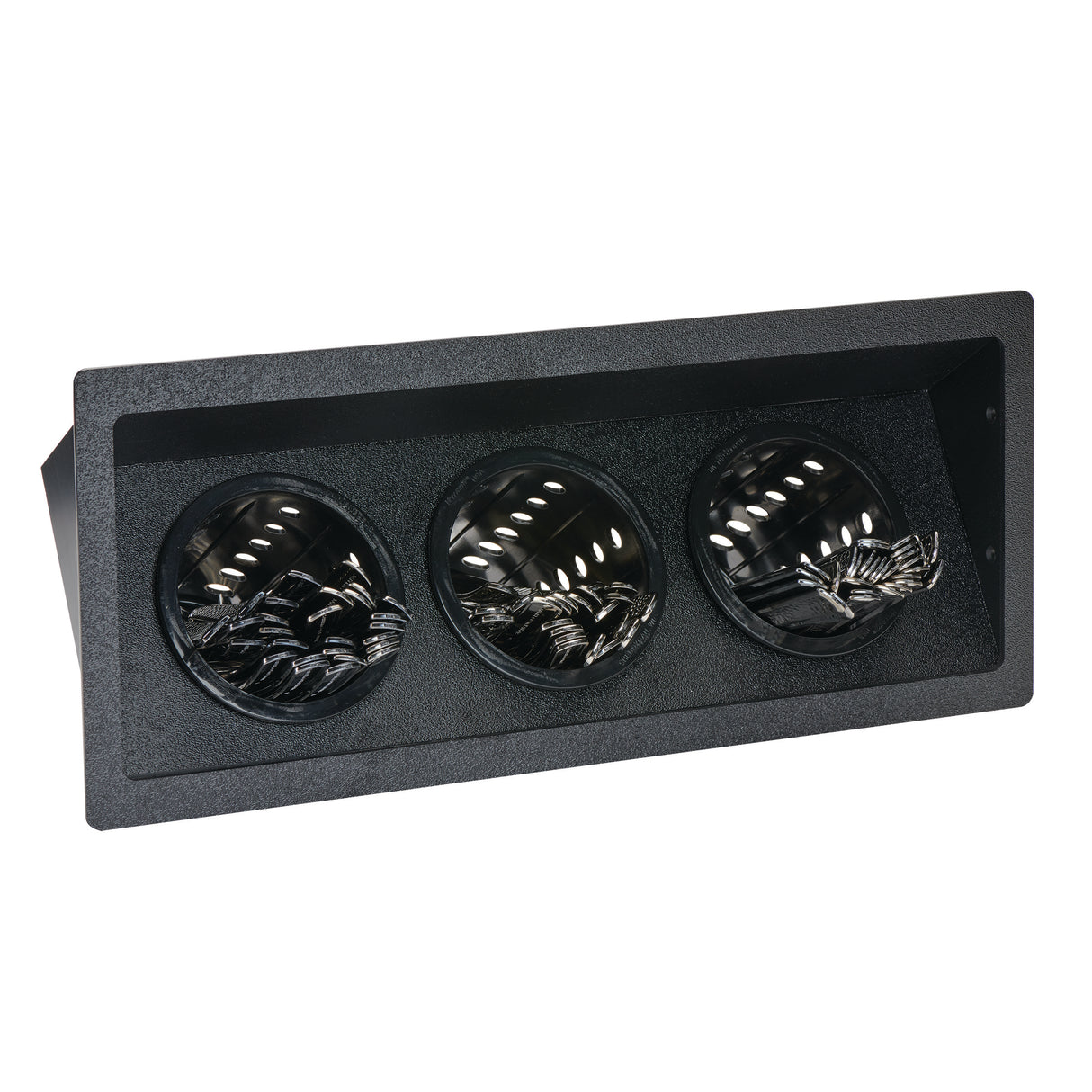 A rectangular black recessed ceiling light fixture with three built-in adjustable round lamp heads, each containing a coiled, metallic filament. The fixture is angled slightly upward and has a matte finish.