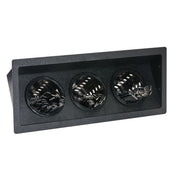 A rectangular black recessed ceiling light fixture with three built-in adjustable round lamp heads, each containing a coiled, metallic filament. The fixture is angled slightly upward and has a matte finish.