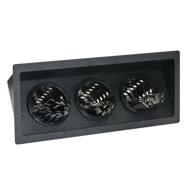 A rectangular black recessed ceiling light fixture with three built-in adjustable round lamp heads, each containing a coiled, metallic filament. The fixture is angled slightly upward and has a matte finish.