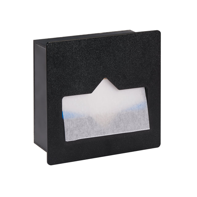 A black rectangular built-in tissue dispenser holds a partly visible white tissue, protruding through a horizontal opening in the front, set against a plain white background.
