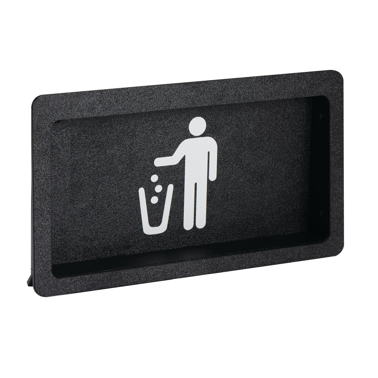 A rectangular black sign with a white icon of a person dropping small dots into a waste bin, indicating proper trash disposal. The built-in sign features a recessed border and stands at a slight angle, ideal for marking Trash Door locations.