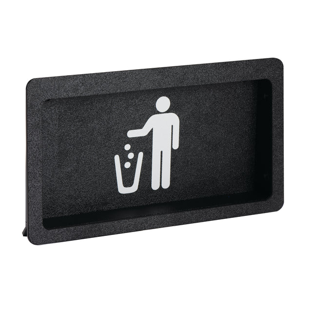 A rectangular black sign with a white icon of a person dropping small dots into a waste bin, indicating proper trash disposal. The built-in sign features a recessed border and stands at a slight angle, ideal for marking Trash Door locations.