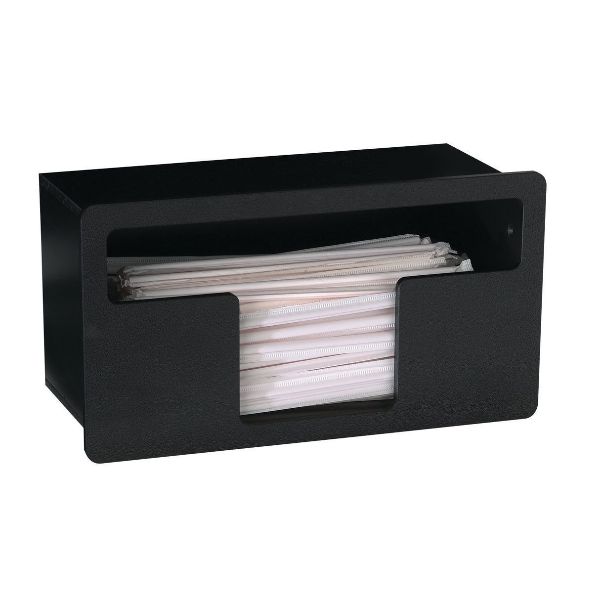 A black rectangular wall-mounted dispenser box with a built-in front opening holds a stack of disposable white face masks, neatly arranged and partially exposed for easy access—similar to a Straw Holder but designed in durable polystyrene.