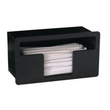 A black rectangular wall-mounted dispenser box with a built-in front opening holds a stack of disposable white face masks, neatly arranged and partially exposed for easy access—similar to a Straw Holder but designed in durable polystyrene.