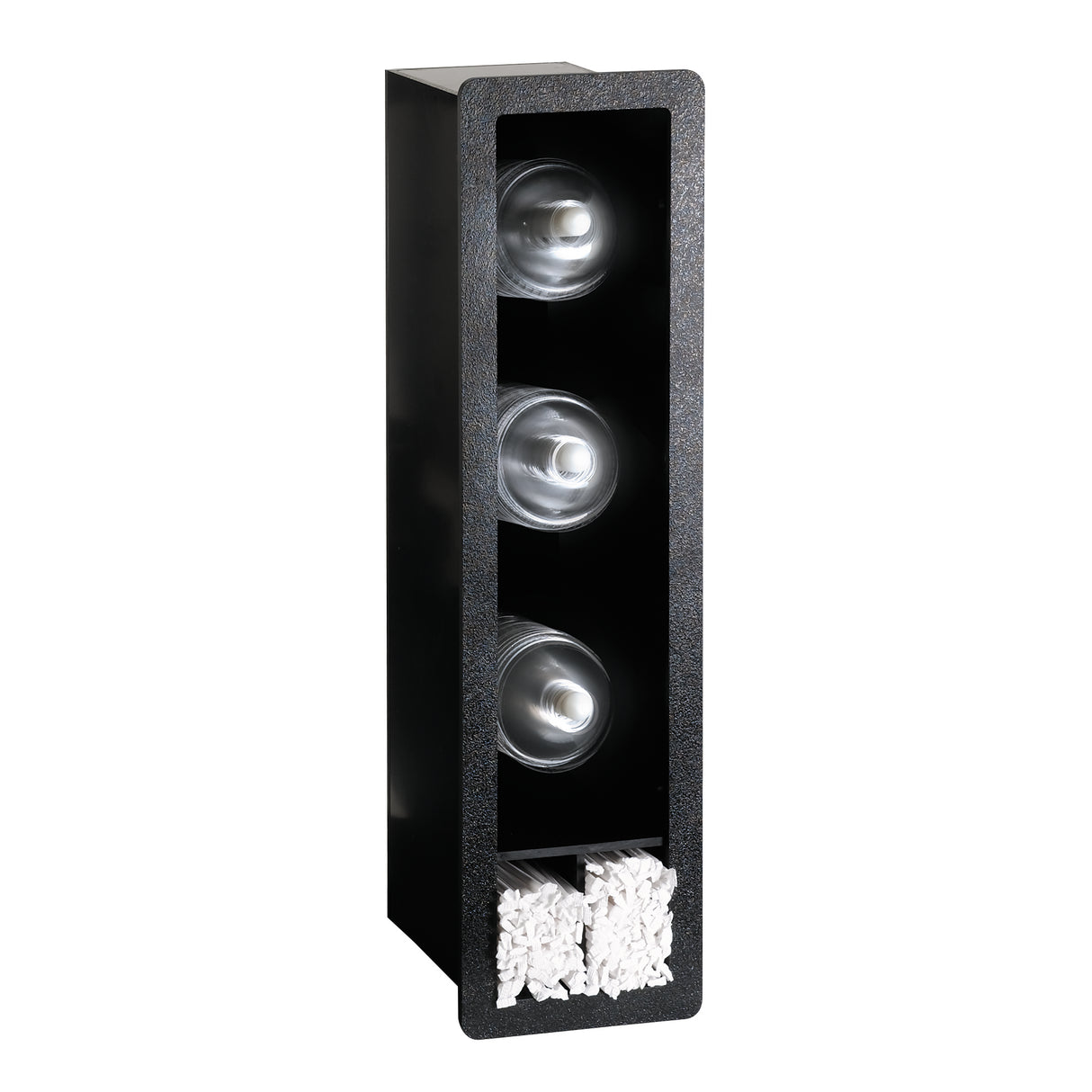 A rectangular black wall-mounted holder, like the Dispense-Rite FMVDL-3, features three stacked glass bulbs in individual compartments and two lower sections for bundles of white paper towels or napkins, plus a built-in lid organizer for added convenience.