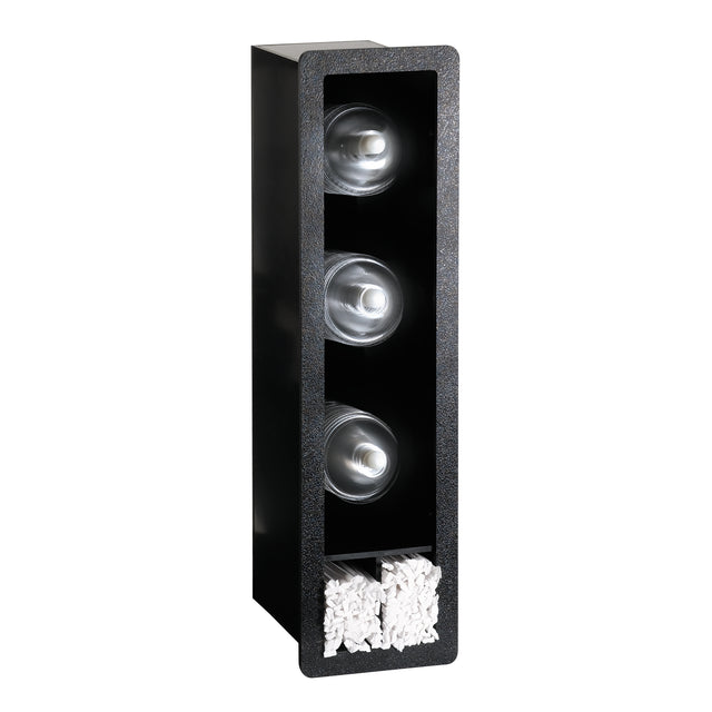 A rectangular black wall-mounted holder, like the Dispense-Rite FMVDL-3, features three stacked glass bulbs in individual compartments and two lower sections for bundles of white paper towels or napkins, plus a built-in lid organizer for added convenience.