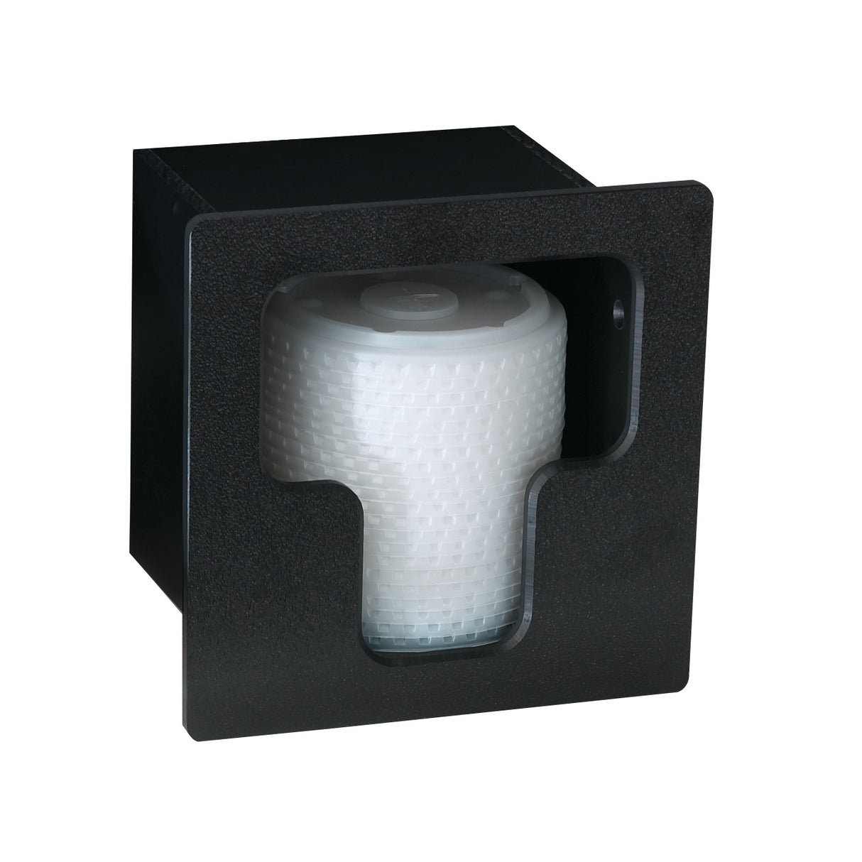 A black, wall-mounted Lid Dispenser toilet paper unit with a square face and a cutout in the center reveals a white roll inside. The modern, minimalist design by Dispense-Rite is showcased against a plain white background.