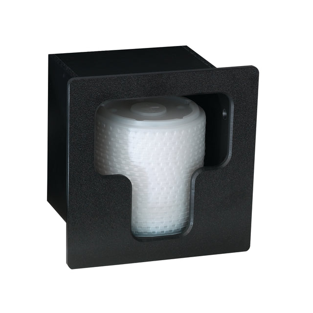 A black, wall-mounted Lid Dispenser toilet paper unit with a square face and a cutout in the center reveals a white roll inside. The modern, minimalist design by Dispense-Rite is showcased against a plain white background.