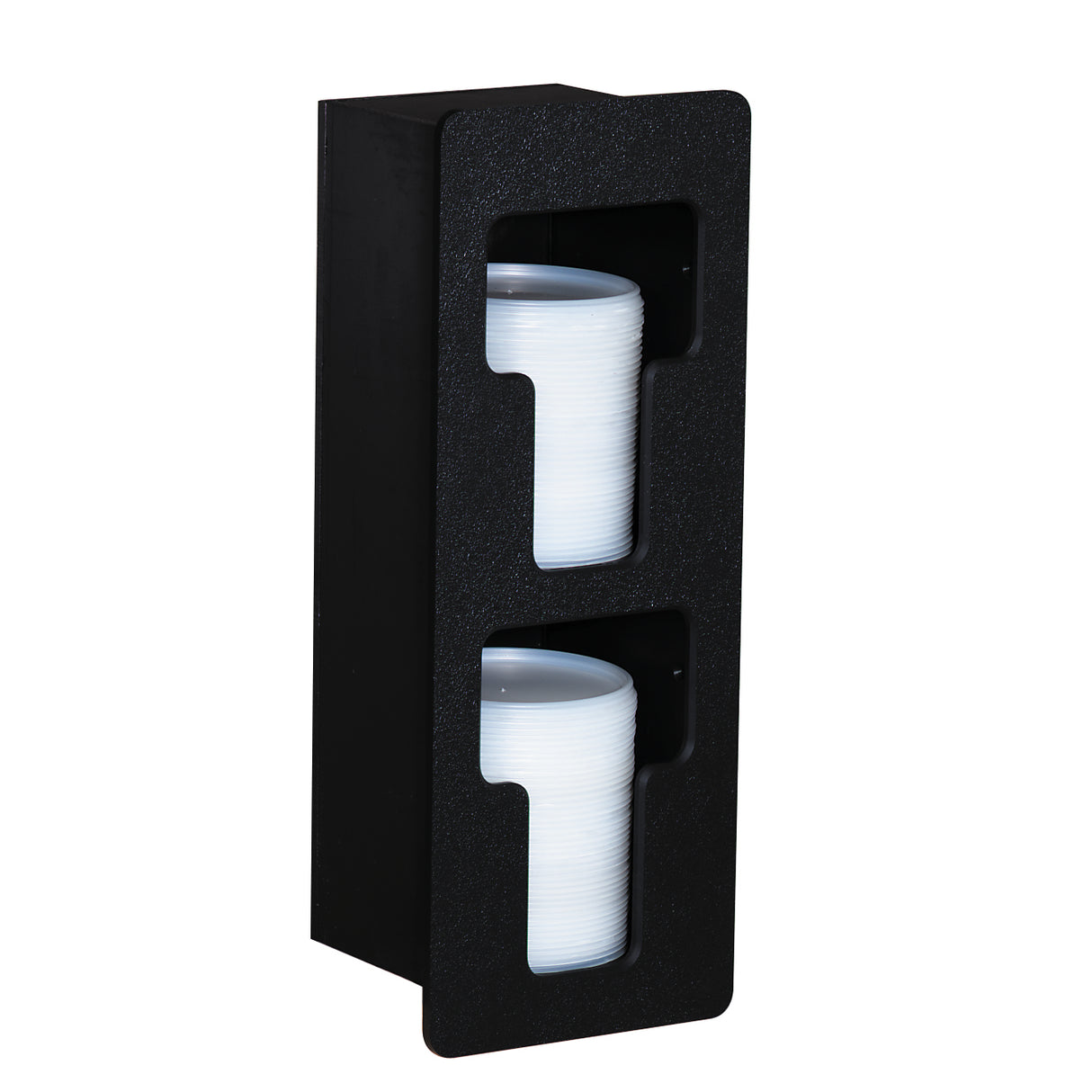 A black vertical plastic cup and lid dispenser holds two horizontal stacks of white polystyrene cups. The front panel has large cutouts for easy access and visibility. Its simple, functional design suits offices or cafeterias.
