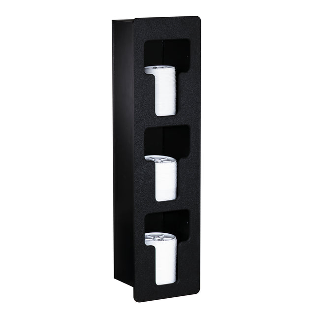 A black vertical cup dispenser with three built-in compartments, each holding a stack of white polystyrene cups. The modern, rectangular design features cutouts for easy cup access, making it perfect for organized dispensing.