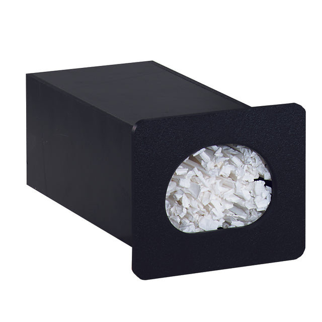 A rectangular black Dispense-Rite container with an open front reveals white shredded material inside. The built-in straw dispenser features a rounded rectangular cut-out, neatly displaying its contents against a plain white background.