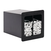 A rectangular black straw organizer with an open front reveals two inner compartments filled with shredded white paper. The box is angled, showing its depth and the division between the two compressed sections inside.